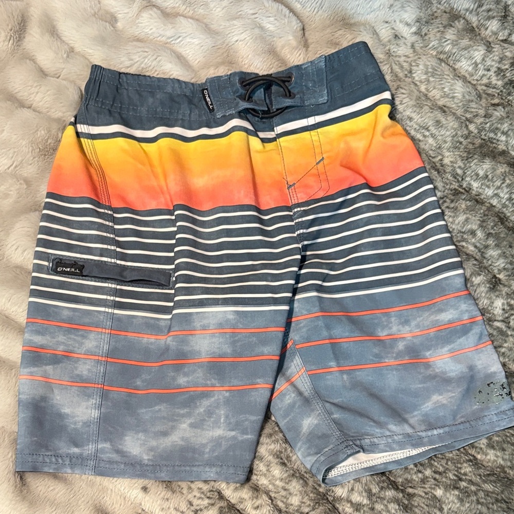 O'Neill Boy’s Blue Boardshorts with Yellow and Orange Gradient Stripes